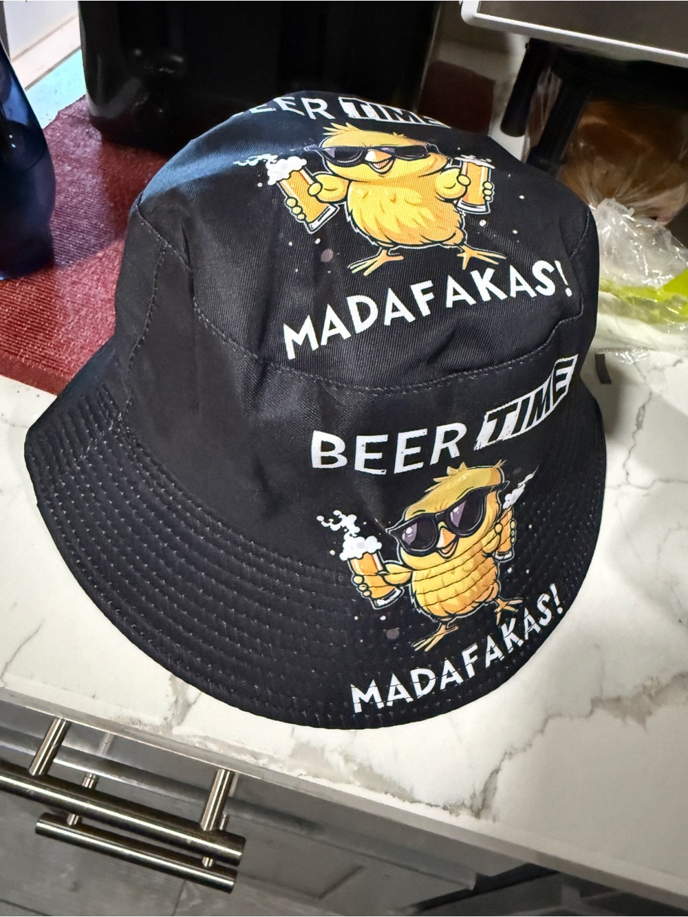 Black Graphic Bucket Hat with Yellow Chick Design